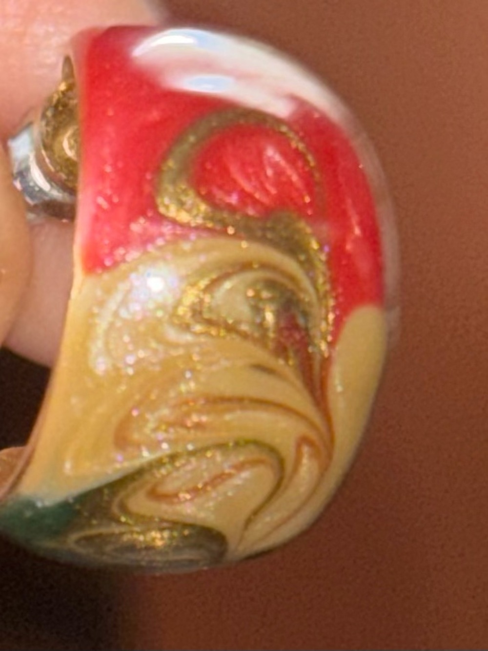 Vintage estate sale 80 s Colorful Swirl Enamel Hoop Earrings - Red, Cream & Gold